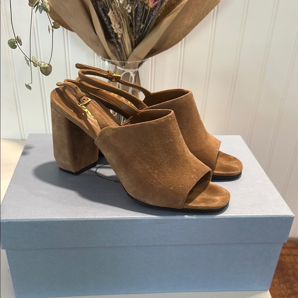 Prada Tan Suede Mules with Block Heel